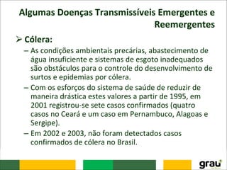 Algumas Doenças Transmissíveis Emergentes e
Reemergentes
⮚Cólera:
– As condições ambientais precárias, abastecimento de
água insuficiente e sistemas de esgoto inadequados
são obstáculos para o controle do desenvolvimento de
surtos e epidemias por cólera.
– Com os esforços do sistema de saúde de reduzir de
maneira drástica estes valores a partir de 1995, em
2001 registrou-se sete casos confirmados (quatro
casos no Ceará e um caso em Pernambuco, Alagoas e
Sergipe).
– Em 2002 e 2003, não foram detectados casos
confirmados de cólera no Brasil.
 