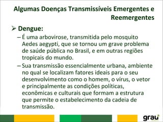 Algumas Doenças Transmissíveis Emergentes e
Reemergentes
⮚Dengue:
– É uma arbovirose, transmitida pelo mosquito
Aedes aegypti, que se tornou um grave problema
de saúde pública no Brasil, e em outras regiões
tropicais do mundo.
– Sua transmissão essencialmente urbana, ambiente
no qual se localizam fatores ideais para o seu
desenvolvimento como o homem, o vírus, o vetor
e principalmente as condições políticas,
econômicas e culturais que formam a estrutura
que permite o estabelecimento da cadeia de
transmissão.
 