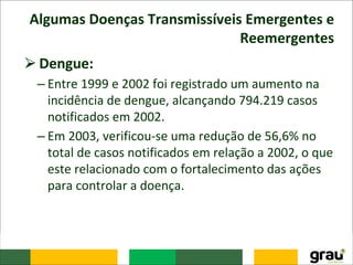 Algumas Doenças Transmissíveis Emergentes e
Reemergentes
⮚Dengue:
– Entre 1999 e 2002 foi registrado um aumento na
incidência de dengue, alcançando 794.219 casos
notificados em 2002.
– Em 2003, verificou-se uma redução de 56,6% no
total de casos notificados em relação a 2002, o que
este relacionado com o fortalecimento das ações
para controlar a doença.
 