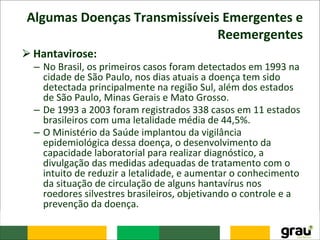 Algumas Doenças Transmissíveis Emergentes e
Reemergentes
⮚Hantavirose:
– No Brasil, os primeiros casos foram detectados em 1993 na
cidade de São Paulo, nos dias atuais a doença tem sido
detectada principalmente na região Sul, além dos estados
de São Paulo, Minas Gerais e Mato Grosso.
– De 1993 a 2003 foram registrados 338 casos em 11 estados
brasileiros com uma letalidade média de 44,5%.
– O Ministério da Saúde implantou da vigilância
epidemiológica dessa doença, o desenvolvimento da
capacidade laboratorial para realizar diagnóstico, a
divulgação das medidas adequadas de tratamento com o
intuito de reduzir a letalidade, e aumentar o conhecimento
da situação de circulação de alguns hantavírus nos
roedores silvestres brasileiros, objetivando o controle e a
prevenção da doença.
 
