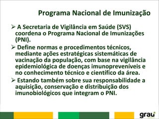 Programa Nacional de Imunização
⮚A Secretaria de Vigilância em Saúde (SVS)
coordena o Programa Nacional de Imunizações
(PNI).
⮚Define normas e procedimentos técnicos,
mediante ações estratégicas sistemáticas de
vacinação da população, com base na vigilância
epidemiológica de doenças imunopreveníveis e
no conhecimento técnico e científico da área.
⮚Estando também sobre sua responsabilidade a
aquisição, conservação e distribuição dos
imunobiológicos que integram o PNI.
 