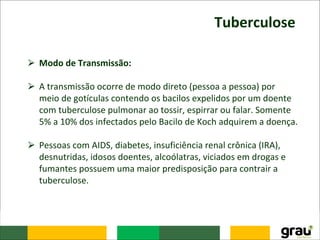 Tuberculose
⮚ Modo de Transmissão:
⮚ A transmissão ocorre de modo direto (pessoa a pessoa) por
meio de gotículas contendo os bacilos expelidos por um doente
com tuberculose pulmonar ao tossir, espirrar ou falar. Somente
5% a 10% dos infectados pelo Bacilo de Koch adquirem a doença.
⮚ Pessoas com AIDS, diabetes, insuficiência renal crônica (IRA),
desnutridas, idosos doentes, alcoólatras, viciados em drogas e
fumantes possuem uma maior predisposição para contrair a
tuberculose.
 