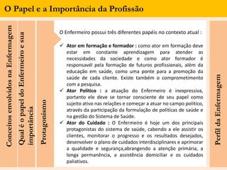 O Papel e a Importância da ProfissãoConceitosenvolvidosnaEnfermagem
O Enfermeiro possui três diferentes papéis no contexto atual :
 Ator em formação e formador : como ator em formação deve
estar em constante aprendizagem para atender as
necessidades da sociedade e como ator formador é
responsavél pela formação de futuros profissionais, além da
educação em saúde, como uma ponte para a promoção da
saúde de cada cliente. Existe também o comprometimento
com a pesquisa.
 Ator Político : a atuação do Enfermeiro é inexpressiva,
portanto ele deve se tornar consciente de seu papel como
sujeito ativo nas relações e começar a atuar no campo politico,
através da participação da formulação de politícas de saúde e
na gestão do Sistema de Saúde.
 Ator do Cuidado : O Enfermeiro é hoje um dos principais
protagonistas do sistema de saúde, cabendo a ele assistir os
clientes, monitorar o progresso e os resultados desejados,
desenvolver o plano de cuidados interdisciplinares e aprimorar
a qualidade e segurança,abrangendo a atenção primária, a
longa permanência, a assistência domiciliar e os cuidados
paliativos.
QualéopapeldoEnfermeiroesua
importância
Protagonismo
PerfildaEnfermagem
 