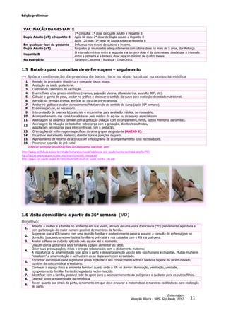 Edição preliminar
11
Enfermagem
Atenção Básica - SMS- São Paulo, 2012.
VACINAÇÃO DA GESTANTE
Dupla Adulto (dT) e Hepatite B
1ª consulta: 1ª dose de Dupla Adulto e Hepatite B
Após 60 dias: 2ª dose de Dupla Adulto e Hepatite B
Após 120 dias: 3ª dose de Dupla Adulto e Hepatite B
Em qualquer fase da gestante Influenza nos meses de outono e inverno.
Dupla Adulto (dT) Naquelas já imunizadas adequadamente com última dose há mais de 5 anos, dar Reforço.
Hepatite B
O intervalo mínimo entre a segunda e a terceira dose é de dois meses, desde que o intervalo
entre a primeira e a terceira dose seja no mínimo de quatro meses.
No Puerpério Sarampo-Caxumba - Rubéola - Dose Única.
1.5 Roteiro para consultas de enfermagem - seguimento
→ Após a confirmação da gravidez de baixo risco ou risco habitual na consulta médica
1. Revisão do prontuário obstétrico e coleta de dados atuais.
2. Anotação da idade gestacional.
3. Controle do calendário de vacinação.
4. Exame físico e/ou gineco-obstétrico (mamas, palpação uterina, altura uterina, ausculta BCF, etc).
5. Calcular o ganho de peso, anotar no gráfico e observar o sentido da curva para avaliação do estado nutricional.
6. Aferição da pressão arterial, lembrar do risco de pré-eclampsia.
7. Anotar no gráfico e avaliar o crescimento fetal através do sentido da curva (após 16ª semana).
8. Exame especular, se necessário.
9. Interpretação de exames laboratoriais e encaminhar para avaliação médica, se necessário.
10. Acompanhamento das condutas adotadas pelo médico da equipe ou do serviço especializado.
11. Abordagem da dinâmica familiar com a gestação (relação com o companheiro, filhos, outros membros da família).
12.
Abordagem da situação de trabalho; sobrecarga com a gestação, direitos trabalhistas,
adaptações necessárias para intercorrências com a gestação.
13. Orientações de enfermagem específicas durante grupos de gestante (ANEXO 3).
14. Incentivar aleitamento materno; abordar tipos e posições de parto.
15. Agendamento de retorno de acordo com o fluxograma de acompanhamento e/ou necessidades.
16. Preencher o cartão de pré-natal
Checar sempre atualizações do esquema vacinal, em:
1.6 Visita domiciliária a partir da 36ª semana (VD)
Objetivo:
1.
Atender a mulher e a família no ambiente em que vivem, através de uma visita domiciliária (VD) previamente agendada e
com participação do maior número possível de membros da família.
2.
Sugere-se que a VD comece com uma reunião familiar e posteriormente passe a assumir a consulta de enfermagem no
domicílio, buscando envolver toda a família no pré-natal e nos cuidados com o RN e a puérpera.
3. Avaliar o Plano de cuidado aplicado pela equipe até o momento.
4.
Discutir com a gestante e seus familiares o plano alimentar do bebê;
Ouvir suas preocupações, mitos e crenças relacionados com o aleitamento materno;
A importância da amamentação logo após o parto e desvantagens do uso do leite não humano e chupetas. Muitas mulheres
“idealizam” a amamentação e se frustram ao se depararem com a realidade.
5.
Encontrar estratégias onde a gestante possa explicitar o seu conhecimento sobre o banho e higiene do recém-nascido,
curativo do coto umbilical e vestuário.
6.
Conhecer o espaço físico e ambiente familiar: quarto onde o RN vai dormir: iluminação, ventilação, umidade,
comportamento familiar frente à chegada do recém-nascido.
7. Identificar com a família, possível rede de apoio para o acompanhamento da puérpera e o cuidador para os outros filhos.
8. Orientar sobre a maternidade de referência
9.
Rever, quanto aos sinais do parto, o momento em que deve procurar a maternidade e maneiras facilitadoras para realização
do parto.
http://www.prefeitura.sp.gov.br/cidade/secretarias/saude/vigilancia_em_saude/vacinacao/index.php?p=7313
ftp://ftp.cve.saude.sp.gov.br/doc_tec/imuni/imuni08_ntprog.pdf
http://www.cve.saude.sp.gov.br/htm/imuni/pdf/imuni10_suple_norma_rev.pdf
 
