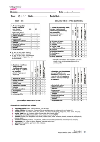 Edição preliminar
63
Enfermagem
Atenção Básica - SMS- São Paulo, 2012.
Atividade:__________________________________________ Data: ____/____/________
Sexo: ( ) M ( ) F Idade:_______________ Escolaridade______________________
ASSIST – OMS
1. Na sua vida qual(is)
dessa(s) ubstâncias
você já usou?
(somente uso não
prescrito pelo médico)
NÃO SIM
a. derivados do tabaco 0 3
b. bebidas alcoólicas 0 3
c. maconha 0 3
d. cocaína, crack 0 3
e. anfetaminas ou êxtase 0 3
f. inalantes 0 3
g. hipnóticos/sedativos 0 3
h. alucinógenos 0 3
i. opióides 0 3
j. outras, especificar 0 3
 SE "NÃO" em todos os itens investigue:
Nem mesmo quando estava na escola?
 Se "NÃO" em todos os itens, pare a entrevista
 Se "SIM" para alguma droga, continue com
as demais questões
3. Durante os três últimos
meses, com que
freqüência você teve um
forte desejo ou urgência
em consumir?
(primeira droga, segunda
droga, etc))
a. derivados do tabaco 0 3 4 5 6
b. bebidas alcoólicas 0 3 4 5 6
c. maconha 0 3 4 5 6
d. cocaína, crack 0 3 4 5 6
e. anfetaminas ou êxtase 0 3 4 5 6
f. inalantes 0 3 4 5 6
g.hipnóticos/sedativos 0 3 4 5 6
h. alucinógenos 0 3 4 5 6
i. opióides 0 3 4 5 6
j. outras, especificar 0 3 4 5 6
QUESTIONÁRIO PARA TRIAGEM DO USO
DE ÁLCOOL, TABACO E OUTRAS SUBSTÂNCIAS.
2. Durante os três últimos meses,
com que freqüência você
utilizouessa(s) substância(s)
que mencionou?
(primeira droga, depois a
segunda droga, etc)
a. derivados do tabaco 0 2 3 4 6
b. bebidas alcoólicas 0 2 3 4 6
c. maconha 0 2 3 4 6
d. cocaína, crack 0 2 3 4 6
e. anfetaminas ou êxtase 0 2 3 4 6
f. inalantes 0 2 3 4 6
g.hipnóticos/sedativos 0 2 3 4 6
h. alucinógenos 0 2 3 4 6
i. opióides 0 2 3 4 6
j. outras, especificar 0 2 3 4 6
・ ・Se "NUNCA" em todos os itens da questão 2 pule para a
questão 6, com outras respostas continue com as
demais questões
POPULARES OU COMERCIAIS DAS DROGAS
a. produtos do tabaco (cigarro, charuto, cachimbo, fumo de corda)
b. bebidas alcóolicas (cerveja, vinho, champagne, licor, pinga uísque, vodca, vermutes, caninha, rum tequila, gin)
c. maconha (baseado, erva, liamba, diamba, birra, fuminho, fumo, mato, bagulho, pango, manga-rosa, massa, haxixe, skank, etc)
d. cocaína, crack (coca, pó, branquinha, nuvem, farinha, neve, pedra, caximbo, brilho)
e. estimulantes como anfetaminas (bolinhas, rebites, bifetamina, moderine, MDMA)
f. inalantes (solventes, cola de sapateiro, tinta, esmalte, corretivo, verniz, tinner, clorofórmio, tolueno, gasolina, éter, lança perfume,
cheirinho da loló)
g. hipnóticos, sedativos (ansiolíticos, tranquilizantes, barbitúricos, fenobarbital, pentobarbital, benzodiazepínicos, diazepam)
h. alucinógenos (LSD, chá-de-lírio, ácido, passaporte, mescalina, peiote, cacto)
i. opiáceos (morfina, codeína, ópio, heroína elixir, metadona)
j. outras – especificar:
4. Durante os três últimos meses,
com que freqüência o seu
consumo de (primeira droga, depois
a segunda droga, etc) resultou em
problema de saúde, social, legal
ou financeiro?
a. derivados do tabaco 0 4 5 6 7
b. bebidas alcoólicas 0 4 5 6 7
c. maconha 0 4 5 6 7
d. cocaína, crack 0 4 5 6 7
e. anfetaminas ou êxtase 0 4 5 6 7
f. inalantes 0 4 5 6 7
g.hipnóticos/sedativos 0 4 5 6 7
h. alucinógenos 0 4 5 6 7
i. opióides 0 4 5 6 7
j. outras, especificar 0 4 5 6 7
ASSIST
 
