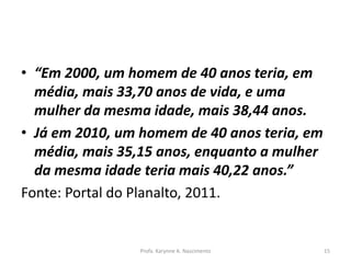 • “Em 2000, um homem de 40 anos teria, em
média, mais 33,70 anos de vida, e uma
mulher da mesma idade, mais 38,44 anos.
• Já em 2010, um homem de 40 anos teria, em
média, mais 35,15 anos, enquanto a mulher
da mesma idade teria mais 40,22 anos.”
Fonte: Portal do Planalto, 2011.
Profa. Karynne A. Nascimento 15
 