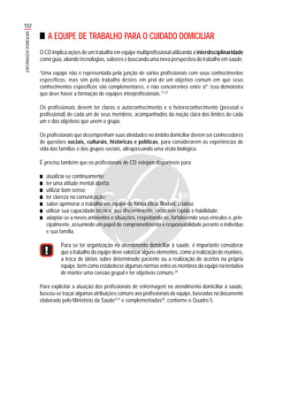 102
ENFERMAGEMDOMICILIAR
A EQUIPE DE TRABALHO PARA O CUIDADO DOMICILIAR
O CD implica ações de um trabalho em equipe multiprofissional utilizando a interdisciplinaridade
como guia, aliando tecnologias, saberes e buscando uma nova perspectiva do trabalho em saúde.
“Uma equipe não é representada pela junção de vários profissionais com seus conhecimentos
específicos, mas sim pelo trabalho destes em prol de um objetivo comum em que seus
conhecimentos específicos são complementares, e não concorrentes entre si”; isso demonstra
que deve haver a formação de equipes interprofissionais.17,23
Os profissionais devem ter claros o autoconhecimento e o heteroconhecimento (pessoal e
profissional) de cada um de seus membros, acompanhados da noção clara dos limites de cada
um e dos objetivos que unem o grupo.
Os profissionais que desempenham suas atividades no âmbito domiciliar devem ser conhecedores
de questões sociais, culturais, históricas e políticas, para considerarem as experiências de
vida das famílias e dos grupos sociais, ultrapassando uma visão biológica.
É preciso também que os profissionais de CD estejam disponíveis para:
■■■■■ atualizar-se continuamente;
■■■■■ ter uma atitude mental aberta;
■■■■■ utilizar bom senso;
■■■■■ ter clareza na comunicação;
■■■■■ saber aprimorar o trabalho em equipe de forma ética, flexível, criativa;
■■■■■ utilizar sua capacidade técnica, seu discernimento, raciocínio rápido e habilidade;
■■■■■ adaptar-se a novos ambientes e situações, respeitando-se, fortalecendo seus vínculos e, prin-
cipalmente, assumindo um papel de comprometimento e responsabilidade perante o indivíduo
e sua família.
Para se ter organização no atendimento domiciliar à saúde, é importante considerar
que o trabalho da equipe deve valorizar alguns elementos, como a realização de reuniões,
a troca de idéias sobre determinado paciente ou a realização de acertos na própria
equipe, bem como estabelecer algumas normas entre os membros da equipe na tentativa
de manter uma coesão grupal e ter objetivos comuns.20
Para explicitar a atuação dos profissionais de enfermagem no atendimento domiciliar à saúde,
buscou-se traçar algumas atribuições comuns aos profissionais da equipe, baseadas no documento
elaborado pelo Ministério da Saúde4,21
e complementadas20
, conforme o Quadro 5.
 