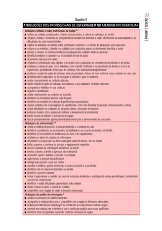 103
PROENFSESCAD
Quadro 5
ATRIBUIÇÕES DOS PROFISSIONAIS DE ENFERMAGEM NO ATENDIMENTO DOMICILIAR
Atribuições comuns a todos profissionais da equipe:20
■■■■■ realizar um cuidado considerando o contexto socioeconômico e cultural do indivíduo e da família;
■■■■■ envolver a família e o indivíduo no planejamento do atendimento domiciliar à saúde, identificando as potencialidades e as
dificuldades de cada membro familiar;
■■■■■ explicar ao indivíduo e ao familiar sobre as limitações existentes e as formas de adequações para superá-las;
■■■■■ esclarecer ao indivíduo, à família e ao cuidador seus respectivos papéis no atendimento domiciliar à saúde;
■■■■■ orientar e envolver os membros familiares na realização dos cuidados diários ao paciente;
■■■■■ identificar familiares e cuidadores ou necessidade de rede de apoio;
■■■■■ desenvolver educação em saúde;
■■■■■ estabelecer comunicação clara, objetiva e de acordo com a capacidade de entendimento do indivíduo e da família;
■■■■■ estabelecer relação de ajuda com o indivíduo e com a família, facilitando o esclarecimento de dúvidas e a troca de
experiências, possibilitando firmar laços de confiança entre indivíduo/família/profissional;
■■■■■ monitorar o estado de saúde do indivíduo, sinais de gravidade e fatores de risco e orientar novas condutas em cada caso;
■■■■■ identificar fatores agravantes ou de riscos para o indivíduo e para os familiares;
■■■■■ avaliar constantemente as condutas adotadas;
■■■■■ manter relação de apoio ao indivíduo, aos familiares e aos cuidadores em todos momentos;
■■■■■ acompanhar o indivíduo em sua evolução;
■■■■■ registrar o atendimento;
■■■■■ avaliar continuamente as condições do domicílio;
■■■■■ identificar na comunidade possível rede de apoio;
■■■■■ identificar necessidade de avaliação de profissionais especializados;
■■■■■ orientar cuidados com o lixo originado no atendimento e com o lixo domiciliar (separação, armazenamento e coleta);
■■■■■ avaliar dificuldades na realização de atividades diárias, reforçando orientações;
■■■■■ promover reuniões com a equipe para delinear o planejamento do atendimento;
■■■■■ manter coesão de atitudes e orientações da equipe;
■■■■■ buscar permanentemente aperfeiçoamento profissional para o aprimoramento de suas ações.
Atribuições do enfermeiro(a):13,20
■■■■■ avaliar a condição do paciente, a situação da família e a condição da casa;
■■■■■ identificar os problemas, as necessidades, as habilidades e os recursos do doente e da família;
■■■■■ identificar as necessidades de modificações na casa e de equipamentos;
■■■■■ estabelecer o plano de cuidados de enfermagem;
■■■■■ determinar os serviços que são necessários para cuidar do doente e de sua família;
■■■■■ iniciar, organizar e coordenar os serviços e equipamentos requeridos;
■■■■■ oferecer cuidados de enfermagem diretamente ao doente;
■■■■■ ensinar o doente, a família e o pessoal não-profissional;
■■■■■ aconselhar, apoiar e habilitar o paciente e sua família;
■■■■■ supervisionar o pessoal não-profissional;
■■■■■ advogar pelo paciente e pela sua família;
■■■■■ reavaliar e modificar, quando necessário, o serviço ao doente e à sua família;
■■■■■ identificar rede de relação do domicílio e da família;
■■■■■ identificar o possível cuidador;
■■■■■ treinar e supervisionar o cuidador, por meio de instruções detalhadas e estratégias de ensino-aprendizagem, considerando
seu nível de compreensão;
■■■■■ identificar e avaliar dificuldades apresentadas pelo cuidador;
■■■■■ manter relação de apoio e cuidado ao cuidador;
■■■■■ compartilhar com a equipe de saúde a alterações observadas.
Atribuições do auxiliar de enfermagem:20
■■■■■ auxiliar na orientação do cuidador domiciliar;
■■■■■ acompanhar a evolução dos casos e compartilhar com a equipe as alterações observadas;
■■■■■ realizar procedimentos de enfermagem de acordo com as competências técnicas e legais;
■■■■■ construir uma relação com o indivíduo e com a família que propicie uma escuta qualificada;
■■■■■ identificar sinais de gravidade e proceder conforme orientação da equipe.
 