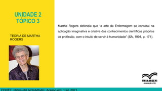 UNIDADE 2
TÓPICO 3
Martha Rogers defendia que “a arte da Enfermagem se constitui na
aplicação imaginativa e criativa dos conhecimentos científicos próprios
da profissão, com o intuito de servir à humanidade” (SÁ, 1994, p. 171).
TEORIA DE MARTHA
ROGERS
 
