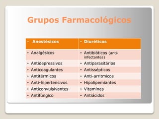 Grupos Farmacológicos
• Anestésicos • Diuréticos
• Analgésicos • Antibióticos (anti-
infectantes)
• Antidepressivos • Antiparasitários
• Anticoagulantes • Antissépticos
• Antitérmicos • Anti-arritmicos
• Anti-hipertensivos • Hipolipemiantes
• Anticonvulsivantes • Vitaminas
• Antifúngico • Antiácidos
 