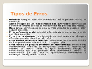 Tipos de Erros
 Omissão: qualquer dose não administrada até o próximo horário de
medicação.
 Administração de um medicamento não autorizado: administração
de um medicamento ou dose de medicamento não prescrito pelo médico.
 Dose extra: administração de uma ou mais unidades de dosagem, além
daquela prescrita.
 Erros referentes à via: administração pela via errada ou por uma via
que não a prescrita.
 Erros com a dosagem: administração do medicamento em dosagens
diferentes daquelas prescritas pelo médico.
 Erros devido ao horário incorreto: administrar medicamento fora dos
horários predefinidos pela instituição ou da prescrição.
 Erros devido ao preparo incorreto do medicamento: medicamento
incorretamente formulado ou manipulado: diluição ou reconstituição
incorreta ou inexata; falha ao agitar suspensões; diluição de
medicamentos que não permitam esse procedimento, mistura de
medicamentos que são física ou quimicamente incompatíveis e
embalagem inadequada do produto.
 