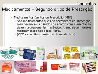  Medicamentos Isentos de Prescrição (MIP)
◦ São medicamentos que não necessitam de prescrição,
mas devem ser utilizados de acordo com a orientação
de um profissional farmacêutico. A embalagem destes
medicamentos não possui tarja.
◦ (OTC - over the counter ou de venda livre)
Conceitos
Medicamentos – Segundo o tipo de Prescrição
 