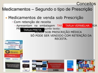  Medicamentos de venda sob Prescrição
 Com retenção de receita
◦ Apresentam na embalagem TARJA VERMELHA ou TARJA
PRETA contendo o seguinte texto:
 VENDA SOB PRESCRIÇÃO MÉDICA
SÓ PODE SER VENDIDO COM RETENÇÃO DA
RECEITA.
Conceitos
Medicamentos – Segundo o tipo de Prescrição
TARJA VERMELHA
TARJA PRETA
 