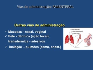 Vias de administração: PARENTERAL
Outras vias de administração
 Mucosas - nasal, vaginal
 Pele - dérmica (ação local);
transdérmica - adesivos
 Inalação – pulmões (asma, anest.)
 