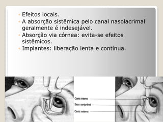 Via oftálmica/ocular/conjuntival
◦ Efeitos locais.
◦ A absorção sistêmica pelo canal nasolacrimal
geralmente é indesejável.
◦ Absorção via córnea: evita-se efeitos
sistêmicos.
◦ Implantes: liberação lenta e contínua.
 