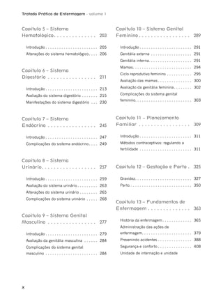 Tratado Prático de Enfermagem - volume 1
X
Capítulo 5 – Sistema
Hematológico. . . . . . . . . . . . . . 203
Introdução . . . . . . . . . . . . . . . . . . . . . . . 205
Alterações do sistema hematológico. . . . 206
Capítulo 6 – Sistema
Digestório . . . . . . . . . . . . . . . . 211
Introdução . . . . . . . . . . . . . . . . . . . . . . . 213
Avaliação do sistema digestório . . . . . . . 215
Manifestações do sistema digestório . . . 230
Capítulo 7 – Sistema
Endócrino . . . . . . . . . . . . . . . . 245
Introdução . . . . . . . . . . . . . . . . . . . . . . . 247
Complicações do sistema endócrino. . . . 249
Capítulo 8 – Sistema
Urinário. . . . . . . . . . . . . . . . . . 257
Introdução . . . . . . . . . . . . . . . . . . . . . . . 259
Avaliação do sistema urinário . . . . . . . . . 263
Alterações do sistema urinário . . . . . . . . 265
Complicações do sistema urinário . . . . . 268
Capítulo 9 – Sistema Genital
Masculino . . . . . . . . . . . . . . . . 277
Introdução . . . . . . . . . . . . . . . . . . . . . . . 279
Avaliação da genitália masculina . . . . . . 284
Complicações do sistema genital
masculino . . . . . . . . . . . . . . . . . . . . . . . 284
Capítulo 10 – Sistema Genital
Feminino . . . . . . . . . . . . . . . . . 289
Introdução . . . . . . . . . . . . . . . . . . . . . . . 291
Genitália externa . . . . . . . . . . . . . . . . . . 291
Genitália interna. . . . . . . . . . . . . . . . . . . 291
Mamas. . . . . . . . . . . . . . . . . . . . . . . . . . 294
Ciclo reprodutivo feminino . . . . . . . . . . . 295
Avaliação das mamas. . . . . . . . . . . . . . . 300
Avaliação da genitália feminina. . . . . . . . 302
Complicações do sistema genital
feminino. . . . . . . . . . . . . . . . . . . . . . . . . 303
Capítulo 11 – Planejamento
Familiar . . . . . . . . . . . . . . . . . 309
Introdução . . . . . . . . . . . . . . . . . . . . . . . 311
Métodos contraceptivos: regulando a
fertilidade . . . . . . . . . . . . . . . . . . . . . . . 311
Capítulo 12 – Gestação e Parto . 325
Gravidez. . . . . . . . . . . . . . . . . . . . . . . . . 327
Parto . . . . . . . . . . . . . . . . . . . . . . . . . . . 350
Capítulo 13 – Fundamentos de
Enfermagem . . . . . . . . . . . . . . 363
História da enfermagem. . . . . . . . . . . . . 365
Administração das ações de
enfermagem. . . . . . . . . . . . . . . . . . . . . . 379
Prevenindo acidentes . . . . . . . . . . . . . . . 388
Segurança e conforto . . . . . . . . . . . . . . . 408
Unidade de internação e unidade
 