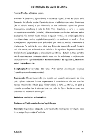 ENFERMAG E M EM SAÚDE COLETIVA

Agente: Candida albicans e outros.

Conceito: A candidíase, especialmente a candidíase vaginal, é uma das causas mais
frequentes de infecção genital. Caracteriza-se por prurido (coceira), ardor, dispareunia
(dor na relação sexual) e pela eliminação de um corrimento vaginal em grumos
brancacentos, semelhante à nata do leite. Com frequência, a vulva e a vagina
encontram-se edemaciadas (inchadas) e hiperemiadas (avermelhadas). As lesões podem
estender-se pelo períneo, região perianal e inguinal (virilha). No homem apresenta-se
com hiperemia da glande e prepúcio (balanopostite) e eventualmente por um leve edema
e pela presença de pequenas lesões puntiformes (em forma de pontos), avermelhadas e
pruriginosas. Na maioria das vezes não é uma doença de transmissão sexual. Em geral
está relacionada com a diminuição da resistência do organismo da pessoa acometida.
Existem fatores que predispõe ao aparecimento da infecção : diabetes melitus, gravidez,
uso de contraceptivos (anticoncepcionais) orais, uso de antibióticos e medicamentos
imunosupressivos (que diminuem as defesas imunitárias do organismo), obesidade,
uso de roupas justas etc.

Complicações/Consequências: São raras. Pode ocorrer disseminação sistêmica
(especialmente em imunodeprimidos).

Transmissão: Ocorre transmissão pelo contato com secreções provenientes da boca,
pele, vagina e dejetos de doentes ou portadores. A transmissão da mãe para o recém-
nascido (transmissão vertical) pode ocorrer durante o parto. A infecção, em geral, é
primária na mulher, isto é, desenvolve-se em razão de fatores locais ou gerais que
diminuem sua resistência imunológica.

Período de Incubação: Muito variável.

Tratamento: Medicamentos locais e/ou sistêmicos.

Prevenção: Higienização adequada. Evitar vestimentas muito justas. Investigar e tratar
doença(s) predisponente(s). Camisinha.




A.M.C.R                                                                              5
 