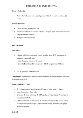 ENFERMAG E M EM SAÚDE COLETIVA

Contra-Indicações

   •   Pn23 e Pnc7: Reação anterior de hipersensibilidade imediata (anafilaxia) à
       vacina.

Eventos Adversos

   •   Locais: eritema, enduração e dor.
   •   Sistêmicos: febre baixa, astenia, cefaléia e mialgia, sendo mais intensos e mais
       freqüentes na revacinação.
   •   Alérgicos: anafilaxia é rara



9-DTP acelular

Indicações:

   •   crianças até 6 anos completos  após uma das doses DTP apresentem os
       seguintes eventos adversos:
       - Convulsões nas primeiras 72 horas;
       - Episódio Hipotônico Hiporresponsivo (EHH) nas primeiras 48 horas.



   •   Via de aplicação : Intramuscular

Composição: associação dos toxóides diftérico e tetânico com imunógenos derivados
da Bordetella pertussis.

Idade Aplicação: < 7 anos

   •   2, 4 e 6 meses, com um reforço aos 15 meses e outro entre 4 e 6 anos.
   •   intervalo mínimo  um mês.
   •   Crianças  doses anteriores de DTP celular ou Tetravalente completar o
       esquema com DTPa;
   •   DTPa substituindo a tetravalente  simultaneamente receber vacina contra
       Haemophilus influenzae tipo b, aplicada com seringa individual, em grupo
       muscular diferente.


A.M.C.R                                                                               7
 