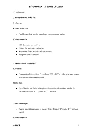 ENFERMAG E M EM SAÚDE COLETIVA

12 a 15 meses *

3 doses (intervalo de 60 dias)

2 a 6 meses

Contra-indicações

   •   Anafilaxia a dose anterior ou a algum componente da vacina

Eventos adversos

   •   10% dos casos nas 1as 24 hs
   •   Locais: dor, eritema e enduração
   •   Sistêmicos: febre, irritabilidade e sonolência.
   •   Alérgicos: anafilaxia é rara.



11-Vacina dupla infantil (DT)

Esquemas

   •   Em substituição às vacinas Tetravalente, DTP e DTP acelular, nos casos em que
       estas vacinas são contra-indicadas.

Indicações:

   •   Encefalopatia nos 7 dias subseqüentes à administração de dose anterior de
       vacina tetravalente, DTP celular ou DTP acelular.




Contra-indicações

   •   Reação anafilática anterior às vacinas Tetravalente, DTP celular, DTP acelular
       ou DT.

Eventos adversos



A.M.C.R                                                                             7
 