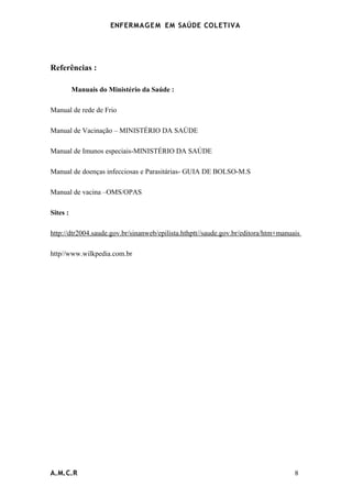 ENFERMAG E M EM SAÚDE COLETIVA




Referências :

          Manuais do Ministério da Saúde :

Manual de rede de Frio

Manual de Vacinação – MINISTÉRIO DA SAÚDE

Manual de Imunos especiais-MINISTÉRIO DA SAÚDE

Manual de doenças infecciosas e Parasitárias- GUIA DE BOLSO-M.S

Manual de vacina –OMS/OPAS

Sites :

http://dtr2004.saude.gov.br/sinanweb/epilista.hthptt//saude.gov.br/editora/htm+manuais

http//www.wilkpedia.com.br




A.M.C.R                                                                             8
 