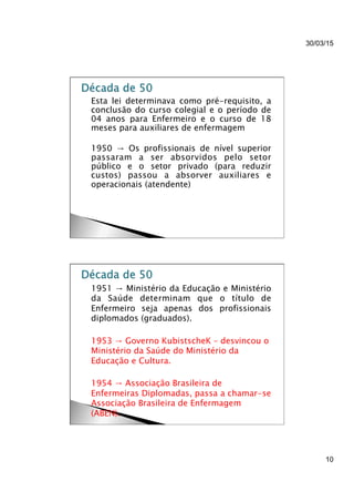 30/03/15
10
}  Esta lei determinava como pré-requisito, a
conclusão do curso colegial e o período de
04 anos para Enfermeiro e o curso de 18
meses para auxiliares de enfermagem
}  1950 → Os profissionais de nível superior
passaram a ser absorvidos pelo setor
público e o setor privado (para reduzir
custos) passou a absorver auxiliares e
operacionais (atendente)
}  1951 → Ministério da Educação e Ministério
da Saúde determinam que o título de
Enfermeiro seja apenas dos profissionais
diplomados (graduados).
}  1953 → Governo KubistscheK – desvincou o
Ministério da Saúde do Ministério da
Educação e Cultura.
}  1954 → Associação Brasileira de
Enfermeiras Diplomadas, passa a chamar-se
Associação Brasileira de Enfermagem
(ABEN).
 