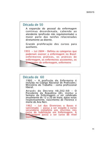 30/03/15
11
}  A expansão do pessoal da enfermagem
continua desordenada, cabendo ao
atendente (profissão não regulamentada) a
maior parte das tarefas relacionadas
diretamente ao doente.
}  Grande proliferação dos cursos para
auxiliares.
1955 → Lei 2604 – Definiu as categorias que
poderiam exercer a enfermagem no Brasil:
enfermeiros práticos, os práticos de
enfermagem, os enfermeiros assistentes, os
assistentes de enfermagem, enfermeiro
}  1960 → A profissão do Enfermeiro é
incluída no Código Nacional de Profissões/
Ministério do Trabalho – como profissional
liberal.
}  Através do Decreto 48.202/60 – O
Presidente da Republica (JK), institui a
Semana da Enfermagem...a ser celebrada
anualmente de 12 a 20 de maio, datas estas
respectivamente, nascimento de Florence e
morte de Ana Neri.
}  1962 → Lei das Diretrizes e Bases é
sancionada → passa a ser exigido o curso
secundário completo aos inscritos nos
curso de habilitação em Enfermagem. A
Enfermagem passa a ser curso de nível
superior.
 