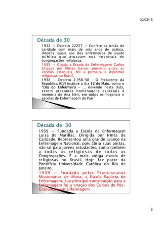 30/03/15
8
}  1932 → Decreto 22257 = Confere as irmãs de
caridade com mais de seis anos de prática,
direitos iguais aos dos enfermeiros de saúde
pública que atuavam nos hospitais de
congregações religiosas.
}  1933 → Criada a Escola de Enfermagem Carlos
Chagas em Minas Gerais pioneira entre as
escolas estaduais, foi a primeira a diplomar
religiosas no Brasil.
}  1938 → Decreto 2.956/38 – O Presidente da
República (GV) institue o dia 12 de Maio, como o
“Dia do Enfermeiro – ... devendo nesta data,
serem prestadas homenagens especiais à
memória de Ana Néri, em todos os hospitais e
escolas de Enfermagem do País”
}  1939 → Fundada a Escola de Enfermagem
Luisa de Marillac. Dirigida por Irmãs de
Caridade. Representou uma grande avanço na
Enfermagem Nacional, pois abriu suas portas,
não só para jovens estudantes, como também
a t o d a s a s r e l i g i o s a s d e t o d a s a s
Congregações. É a mais antiga escola de
religiosas no Brasil. Hoje faz parte da
Pontifícia Universidade Católica do Rio de
Janeiro.
}  1939 → Fundada pelas Franciscanas
Missionárias de Maria, a Escola Paulista de
Enfermagem. Sua principal contribuição para a
Enfermagem foi a criação dos Cursos de Pós-
Graduação em Enfermagem
 