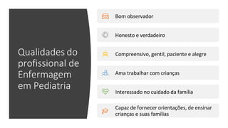 Qualidades do
profissional de
Enfermagem
em Pediatria
Bom observador
Honesto e verdadeiro
Compreensivo, gentil, paciente e alegre
Ama trabalhar com crianças
Interessado no cuidado da família
Capaz de fornecer orientações, de ensinar
crianças e suas famílias
 