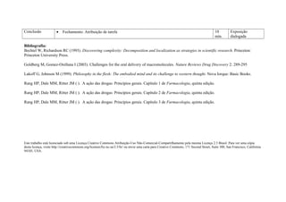 Conclusão • Fechamento: Atribuição de tarefa 10
min.
Exposição
dialogada
Bibliografia:
Bechtel W, Richardson RC (1993). Discovering complexity: Decomposition and localization as strategies in scientific research. Princeton:
Princeton University Press.
Goldberg M, Gomez-Orellana I (2003). Challenges for the oral delivery of macromolecules. Nature Reviews Drug Discovery 2: 289-295
Lakoff G, Johnson M (1999). Philosophy in the flesh: The embodied mind and its challenge to western thought. Nova Iorque: Basic Books.
Rang HP, Dale MM, Ritter JM ( ). A ação das drogas: Princípios gerais. Capítulo 1 de Farmacologia, quinta edição.
Rang HP, Dale MM, Ritter JM ( ). A ação das drogas: Princípios gerais. Capítulo 2 de Farmacologia, quinta edição.
Rang HP, Dale MM, Ritter JM ( ). A ação das drogas: Princípios gerais. Capítulo 3 de Farmacologia, quinta edição.
Este trabalho está licenciado sob uma Licença Creative Commons Atribuição-Uso Não-Comercial-Compartilhamento pela mesma Licença 2.5 Brasil. Para ver uma cópia
desta licença, visite http://creativecommons.org/licenses/by-nc-sa/2.5/br/ ou envie uma carta para Creative Commons, 171 Second Street, Suite 300, San Francisco, California
94105, USA.
 