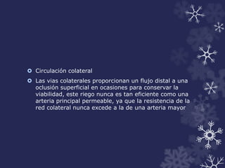  Circulación colateral 
 Las vias colaterales proporcionan un flujo distal a una 
oclusión superficial en ocasiones para conservar la 
viabilidad, este riego nunca es tan eficiente como una 
arteria principal permeable, ya que la resistencia de la 
red colateral nunca excede a la de una arteria mayor 
 