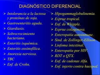 DIAGNÓSTICO DIFERENCIAL Intolerancia a la lactosa y proteínas de soja. Gastroenteritis aguda. Giardiasis. Sobrecrecimiento bacteriano. Enteritis isquémica. Enteritis eosinofílica. Anorexia nerviosa. TBC Enf. de Crohn. Hipogammaglobulinemia. Esprue tropical. Enf. de Whipple. Esprue colagenosa. Enteropatia autoinmune. Sind. de Zollinger-Ellison. Linfoma intestinal. Enteropatia por HIV. RDT o QTX. Enf. de cadenas Alfa. Enf. injerto contra huesped. 