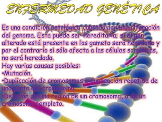 Es una condición patológica causada por una alteración
del genoma. Esta puede ser hereditaria; si el gen
alterado está presente en las gameto será heredado y
por el contrario si sólo afecta a las células somáticas,
no será heredada.
Hay varias causas posibles:
•Mutación.
•Duplicación de cromosomas o duplicación repetida de
una parte del cromosoma.
•Deleción de una región de un cromosoma, o de un
cromosoma completo.
 