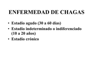 ENFERMEDAD DE CHAGAS Estadio agudo (30 a 60 días) Estadio indeterminado o indiferenciado (10 a 20 años) Estadio crónico 