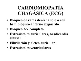 CARDIOMIOPATÍA CHAGÁSICA (ECG) Bloqueo de rama derecha solo o con hemibloqueo anterior izquierdo Bloqueo AV completo Extrasístoles auriculares, bradicardia sinusal Fibrilación y aleteo auricular Extrasístoles ventriculares 