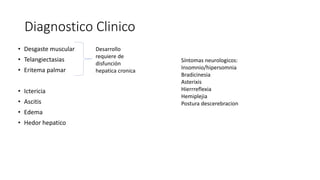 Diagnostico Clinico
• Desgaste muscular
• Telangiectasias
• Eritema palmar
• Ictericia
• Ascitis
• Edema
• Hedor hepatico
Síntomas neurologicos:
Insomnio/hipersomnia
Bradicinesia
Asterixis
Hierrreflexia
Hemiplejia
Postura descerebracion
Desarrollo
requiere de
disfunción
hepatica cronica
 