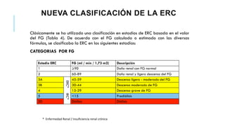 NUEVA CLASIFICACIÓN DE LA ERC 
Clásicamente se ha utilizado una clasificación en estadios de ERC basada en el valor 
del FG (Tabla 4). De acuerdo con el FG calculado o estimado con las diversas 
fórmulas, se clasificaba la ERC en los siguientes estadios: 
CATEGORIAS POR FG 
Estadio ERC FG (ml / min / 1,73 m2) Descripción 
1 ≥90 Daño renal con FG normal 
2 60-89 Daño renal y ligero descenso del FG 
3A 
ERC* IRC* 
45-59 Descenso ligero - moderado del FG 
3B 30-44 Descenso moderado de FG 
4 15-29 Descenso grave de FG 
5 <15 Prediálisis 
5D Diálisis Diálisis 
* 
Enfermedad 
Renal 
/ 
Insuficiencia 
renal 
crónica 
 