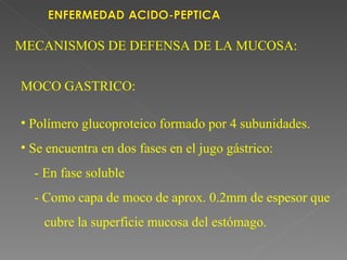 MECANISMOS DE DEFENSA DE LA MUCOSA:


MOCO GASTRICO:

• Polímero glucoproteico formado por 4 subunidades.
• Se encuentra en dos fases en el jugo gástrico:
  - En fase soluble
  - Como capa de moco de aprox. 0.2mm de espesor que
    cubre la superficie mucosa del estómago.
 