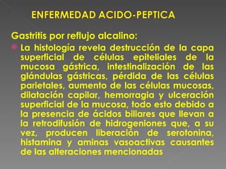Gastritis por reflujo alcalino:
   La histología revela destrucción de la capa
    superficial de células epiteliales de la
    mucosa gástrica, intestinalización de las
    glándulas gástricas, pérdida de las células
    parietales, aumento de las células mucosas,
    dilatación capilar, hemorragia y ulceración
    superficial de la mucosa, todo esto debido a
    la presencia de ácidos biliares que llevan a
    la retrodifusión de hidrogeniones que, a su
    vez, producen liberación de serotonina,
    histamina y aminas vasoactivas causantes
    de las alteraciones mencionadas
 