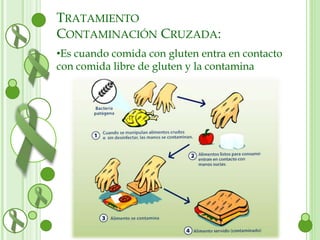 TRATAMIENTO 
CONTAMINACIÓN CRUZADA: 
•Es cuando comida con gluten entra en contacto 
con comida libre de gluten y la contamina 
 