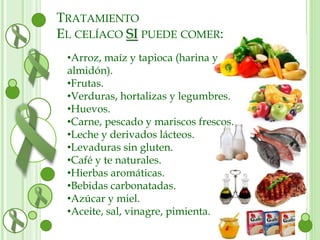 TRATAMIENTO 
EL CELÍACO SI PUEDE COMER: 
•Arroz, maíz y tapioca (harina y 
almidón). 
•Frutas. 
•Verduras, hortalizas y legumbres. 
•Huevos. 
•Carne, pescado y mariscos frescos. 
•Leche y derivados lácteos. 
•Levaduras sin gluten. 
•Café y te naturales. 
•Hierbas aromáticas. 
•Bebidas carbonatadas. 
•Azúcar y miel. 
•Aceite, sal, vinagre, pimienta. 
 