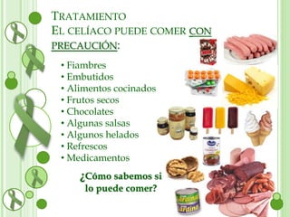 TRATAMIENTO 
EL CELÍACO PUEDE COMER CON 
PRECAUCIÓN: 
• Fiambres 
• Embutidos 
• Alimentos cocinados 
• Frutos secos 
• Chocolates 
• Algunas salsas 
• Algunos helados 
• Refrescos 
• Medicamentos 
¿Cómo sabemos si 
lo puede comer? 
 