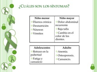 ¿CUÁLES SON LOS SÍNTOMAS? 
Adolescentes 
Retraso en la 
pubertad 
Fatiga y 
cansancio 
Adulto 
Anemia. 
Osteoporosis. 
Cansancio. 
Niño menor 
Diarrea crónica 
Desnutrición 
Náuseas 
Vómitos 
Niño mayor 
Dolor abdominal 
recurrente 
Baja talla 
Cambio en el 
color de los 
dientes. 
 