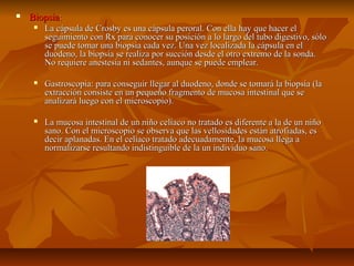    Biopsia:
        La cápsula de Crosby es una cápsula peroral. Con ella hay que hacer el
         seguimiento con Rx para conocer su posición a lo largo del tubo digestivo, sólo
         se puede tomar una biopsia cada vez. Una vez localizada la cápsula en el
         duodeno, la biopsia se realiza por succión desde el otro extremo de la sonda.
         No requiere anestesia ni sedantes, aunque se puede emplear.

        Gastroscopia: para conseguir llegar al duodeno, donde se tomará la biopsia (la
         extracción consiste en un pequeño fragmento de mucosa intestinal que se
         analizará luego con el microscopio).

        La mucosa intestinal de un niño celíaco no tratado es diferente a la de un niño
         sano. Con el microscopio se observa que las vellosidades están atrofiadas, es
         decir aplanadas. En el celíaco tratado adecuadamente, la mucosa llega a
         normalizarse resultando indistinguible de la un individuo sano.
 