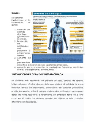 Causas

Mecanismos
involucrados en la
intolerancia    al
gluten:

   1. Ausencia de
      enzimas
      digestivos
      (glutaminasa
      intestinal).
   2. Producción
      de
      Anticuerpos
      anti-
      prolamina, ó
      a fragmentos
      de ella.          http://www.google.com.pe/imgres?q=sintomas+de+la+enfermedad+celiaca&hl=es&gbv=2&biw=1280&bih=787&tbm=isch&tbnid=rpIUOs7Hj2P6D

   3. Aumento de
                                          M:&imgrefurl=http://losceliacosnoscomemoselmundo.blogspot.com/2012/01/historia-de-la-enfermedad-
                                              celiaca.html&docid=hYPIrmPkAewuJM&imgurl=http://2.bp.blogspot.com/-F8VWJZUBMdQ/Tk-v-


      la
                        m5yixI/AAAAAAAAAHo/lerPjOZllaI/s640/graf23.gif&w=621&h=560&ei=Qd2NT6szzLW3B8ag4OEL&zoom=1&iact=hc&vpx=463&vpy=305&dur=994&
                        hovh=213&hovw=236&tx=102&ty=112&sig=108239067969468486213&page=2&tbnh=133&tbnw=147&start=25&ndsp=31&ved=1t:429,r:2,s:25,i:1
                                                                                        24
      permeabilida
      d intestinal a macromoléculas y proteínas antigénicas.
   4. Aumento en la producción de mediadores (histamina, serotonina,
      cininas, prostaglandinas, e interleukinas).

SINTOMATOLOGIA DE LA ENFERMEDAD CELIACA

Los síntomas más frecuentes son: pérdida de peso, pérdida de apetito,
fatiga, náuseas, vómitos, diarrea, distensión abdominal, pérdida de masa
muscular, retraso del crecimiento, alteraciones del carácter (irritabilidad,
apatía, introversión, tristeza), dolores abdominales, meteorismo, anemia por
déficit de hierro resistentes a tratamiento. Sin embargo, tanto en el niño
como en el adulto, los síntomas pueden ser atípicos o estar ausentes,
dificultando el diagnóstico.
 