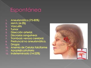 1.    Aneurismática (75-80%)
2.    MAVs (4-5%)
3.    Vasculitis
4.    Tumor
5.    Disección arterial.
6.    Discrasias sanguíneas
7.    Trombosis venosa cerebral.
8.    Pretruncal no aneurismática.
9.    Drogas
10.   Anemia de Celulas falciforme
11.   Apoplejía pituitaria
12.   Indeterminada (14-22%)
 