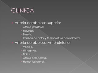 › Arteria cerebelosa superior
        Ataxia ipsilateral.
        Nauseas.
        Emesis.
        Perdida de dolor y temperatura contralateral.
› Arteria cerebelosa Anteroinferior
        Vertigo.
        Nistagmos.
        Tinitus.
        Ataxia cerebelosa.
        Horner ipsilateral.
 