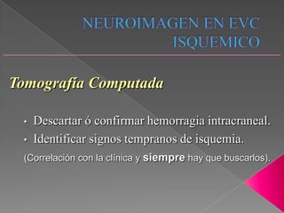 Tomografía Computada

 •   Descartar ó confirmar hemorragia intracraneal.
 •   Identificar signos tempranos de isquemia.
 (Correlación con la clínica y siempre hay que buscarlos).
 