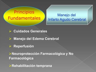 Principios
                             Manejo del
Fundamentales          Infarto Agudo Cerebral


 Cuidados Generales

 Manejo del Edema Cerebral

 Reperfusión

Neuroprotección Farmacológica y No
Farmacológica

Rehabilitación temprana
 
