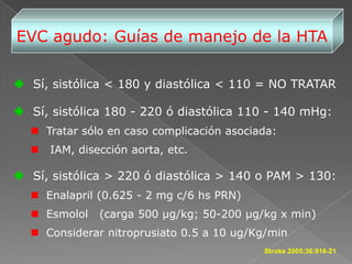EVC agudo: Guías de manejo de la HTA

 Sí, sistólica < 180 y diastólica < 110 = NO TRATAR

 Sí, sistólica 180 - 220 ó diastólica 110 - 140 mHg:
   Tratar sólo en caso complicación asociada:
     IAM, disección aorta, etc.

 Sí, sistólica > 220 ó diastólica > 140 o PAM > 130:
   Enalapril (0.625 - 2 mg c/6 hs PRN)
   Esmolol    (carga 500 µg/kg; 50-200 µg/kg x min)
   Considerar nitroprusiato 0.5 a 10 ug/Kg/min
                                           Stroke 2005;36:916-21
 