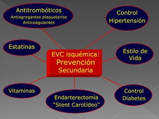 Antitrombóticos                          Control
Antiagregantes plaquetarios
      Anticoagulantes                   Hipertensión



Estatinas
                                            Estilo de
                   EVC isquémica:
                                              Vida
                     Prevención
                      Secundaria


Vitaminas                                   Control
                     Endarterectomía        Diabetes
                    “Stent Carotídeo”
 